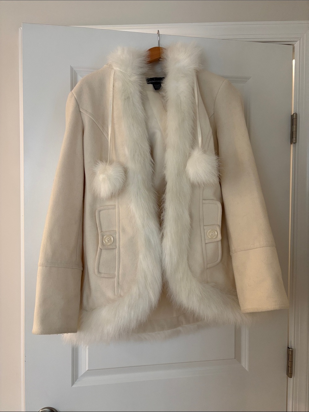 Moda International Cream Faux-Fur Trim Hooded Trench Coat
